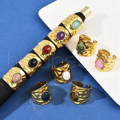 316 Stainless Steel with Natural Mixed Gemstone Cuff Rings RJEW-Z098-01G-16-1