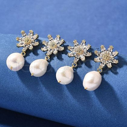 Mother's Day Jewellery Natural Pearl Dangle Ear Studs EJEW-L099-06G-1