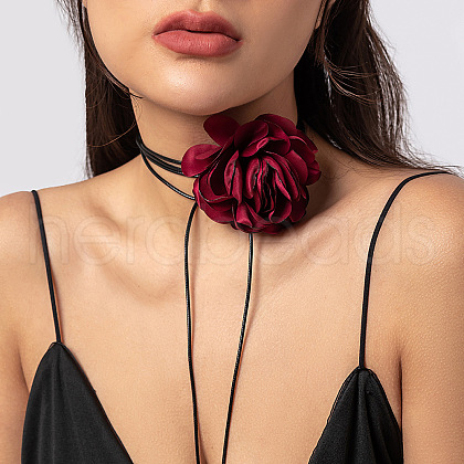 Retro Cloth Rose Flower Waxed Cord Wrap Choker Necklaces for Women WG01AE5-09-1