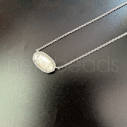 Brass Pave Natural White Shell Faceted Oval Pendant Necklaces for Women WG13C77-04-1