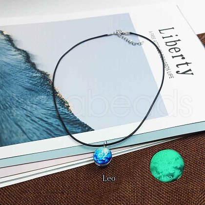 Zinc Alloy & Luminous Blue Glass Flat Round with Constellation Pendant Black Waxed Cord Necklaces WG9F396-07-1