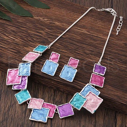 Square Zinc Alloy Enamel Pendant Necklace & Stud Dangle Earring FS-WG2E030-11-1