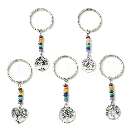 5Pcs Alloy Flat Round & Heart with Tree of Life Pendant Keychain KEYC-JKC00591-S-1
