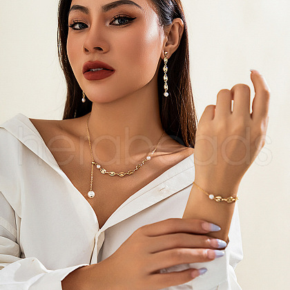 Brass & Alloy & Plastic Pearl Pendant Necklace & Stud Dangle Earring & Chain Bracelet FS-WGFF44D-01-1