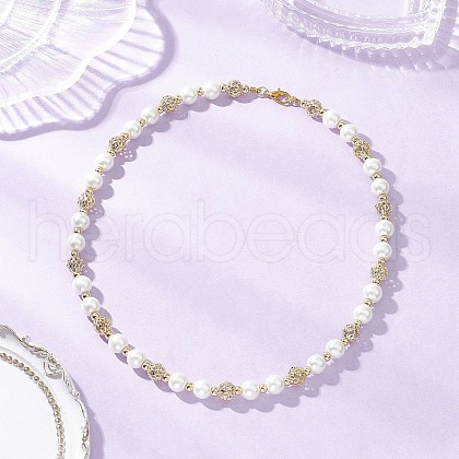 Brass Hollow Round & Glass Pearl Beaded Necklaces for Women Men NJEW-JN05293-1