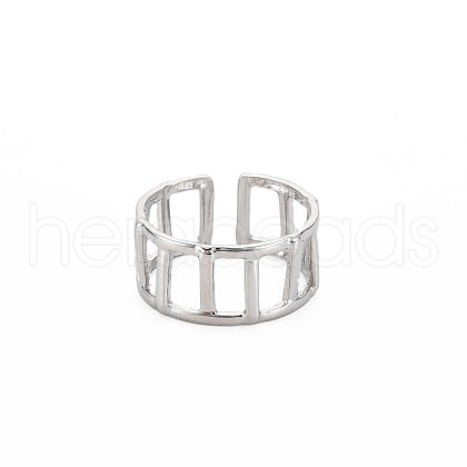304 Stainless Steel Rectangle Hollow Open Cuff Ring for Women RJEW-S405-161P-1