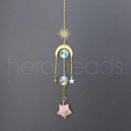 Natural Rhodonite Star Sun Catcher Hanging Ornaments with Brass Sun HJEW-PW0002-13H-1