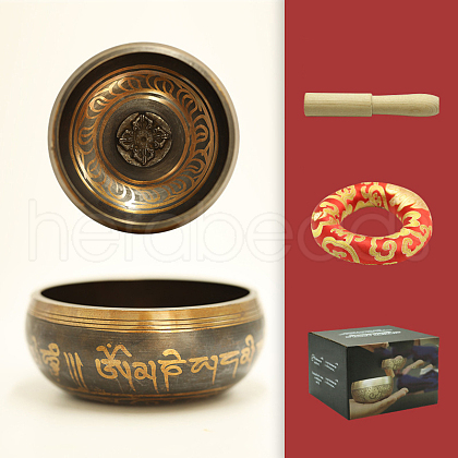 Tibetan Brass Singing Bowl & Wood Striker & Random Color Cloth Mat Set RELI-PW0004-02E-03-1