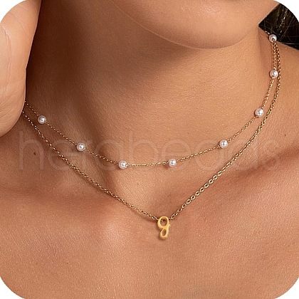 2Pcs 304 Stainless Steel & White Plastic Imitation Pearl Letter Pendant Double Layer Necklaces FS-WG86091-07-1