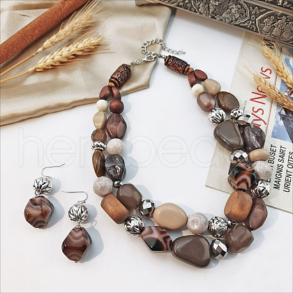 Wood Beaded Double Layer Necklaces & Dangle Earrings Sets FS-WGB5610-15-1