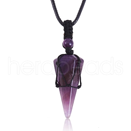 Natural Amethyst Cone Braided Pendant Necklace NJEW-SZ0001-59H-1