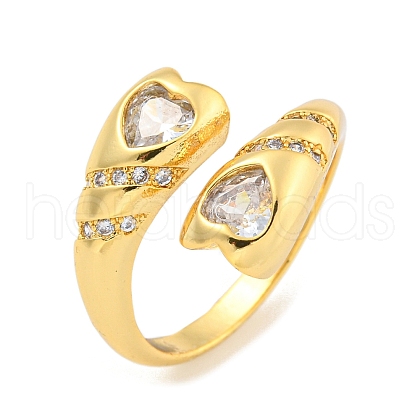 Brass Micro Pave Clear Cubic Zirconia Heart Open Cuff Rings for Women RJEW-L121-040G-1
