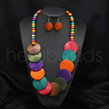 Bohemian Style Wood Beaded Multilayer Necklaces & Dangle Earrings Sets WG93846-10-1
