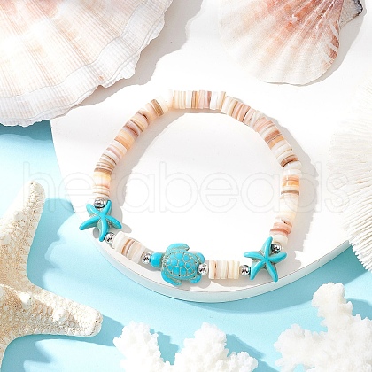 Sea Turtles & Starfish Dyed Synthetic Turquoise Beads Stretch Bracelets BJEW-JB11881-01-1