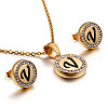 Flat Round with Letter Pattern 304 Stainless Steel Crystal Rhinestone Pendant Necklace & Stud Earring FS-WG33EDD-22-1