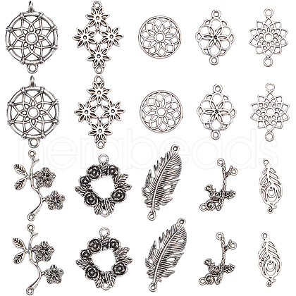 SUNNYCLUE 80Pcs 10 Styles Flower Theme Tibetan Style Alloy Connector Charms FIND-SC0007-57-1