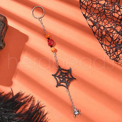 Halloween Theme Glass Seed Spider Web Keychains HJEW-MZ00285-01-1