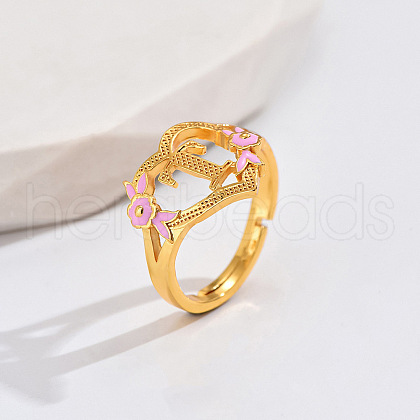 Heart & Flower Brass Pearl Pink Enamel Adjustable Finger Rings FS-WG8B9BA-18-1