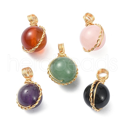 5Pcs 5 Styles Natural Mixed Gemstone Copper Wire Wrapped Pendants PALLOY-JF02181-02S-1