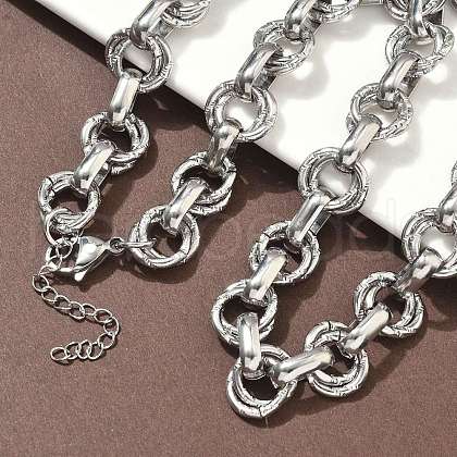304 Stainless Steel Textured Double Ring Link Chain Necklaces NJEW-S453-02P-C-1