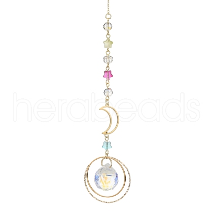 Brass Ring & Glass Round Pendant Decorations HJEW-TA00064-1