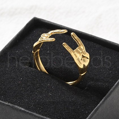 304 Stainless Steel Rock & Roll Hand Gesture Cuff Rings for Women Men RJEW-B118-02G-1