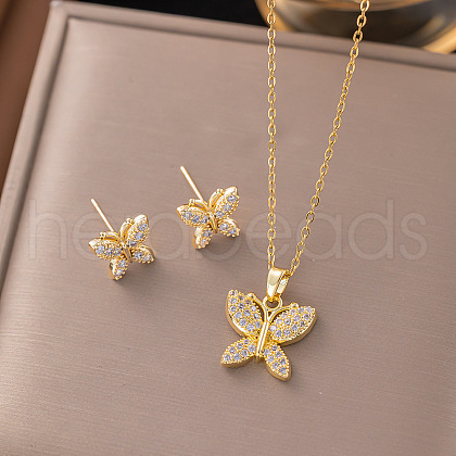 Brass Micro Pave Clear Cubic Zirconia Stud Earrings & Pendant Necklaces Sets FS-WG8C3C9-06-1
