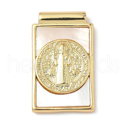 Brass Pave Natural White Shell Religion Rectangle Pendants KK-Q068-32B-G-1