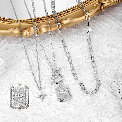 Brass Micro Pave Clear Cubic Zirconia 3 Layered Star & Rectangle with Rose Pendant Necklaces for Women FS-WG2F54E-02-1