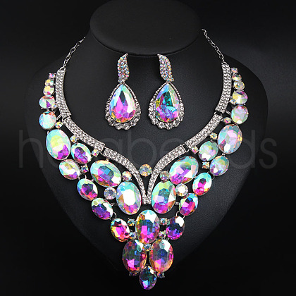 Teardrop Alloy Glass Stud Earrings & Bib Necklaces Sets for Women FS-WGC29D0-05-1