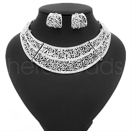 Rose Pattern Alloy Crystal Rhinestone Pendant Necklaces & Hoop Earrings Sets FS-WGA3BB3-02-1