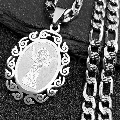 Oval with Virgin Pattern 304 Stainless Steel Pendant Necklaces for Men Women NJEW-K283-22P-1
