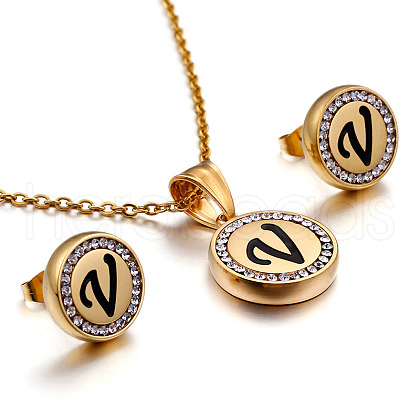Flat Round with Letter Pattern 304 Stainless Steel Crystal Rhinestone Pendant Necklace & Stud Earring FS-WG33EDD-22-1