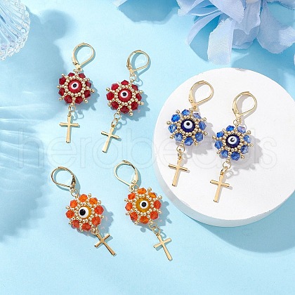 Evil Eye with Cross 304 Stainless Steel Glass Seed Beads Leverback Earrings EJEW-MZ00420-1