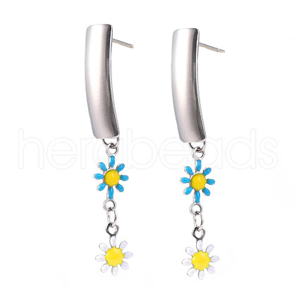 Rectangle with Flower Enamel Long Dangle Stud Earrings EJEW-N049-06B-1