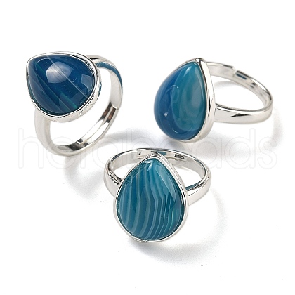 Natural Banded Agate Teardrop Adjustable Rings RJEW-K371-08S-10-1