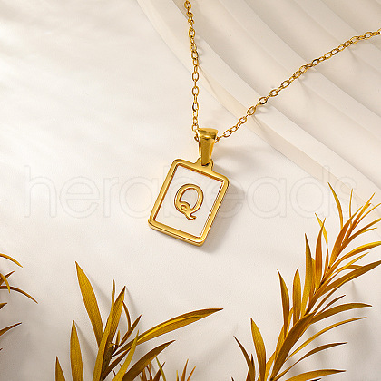 Rectangle Stainless Steel Pave Natural White Shell Initial Pendant Necklaces for Women FS-WGB5EDA-17-1