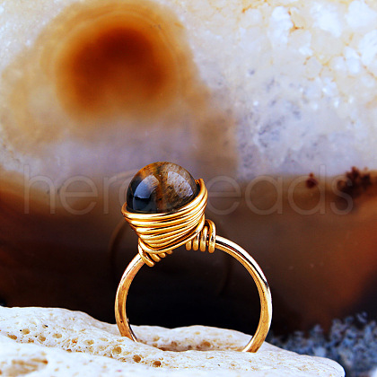 Iron Wire Wrapped Natural Tiger Eye Round Beaded Cuff Rings WGDBE9A-11-1