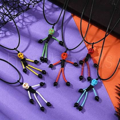 Halloween Theme Skeleton Glass Seed Beaded & Natural Black Onyx(Dyed & Heated) & Skull Dyed Synthetic Turquoise Pendant Necklaces NJEW-MZ00117-1
