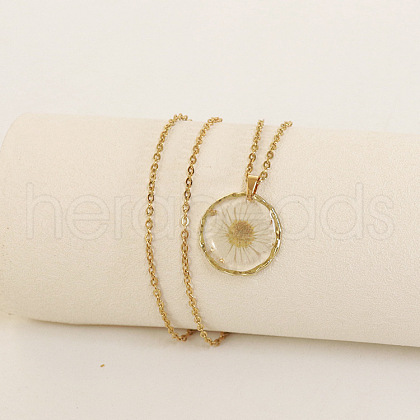 Alloy & Plastic Inner Flower Flat Round Pendant Necklaces FS-WG8915D-07-1