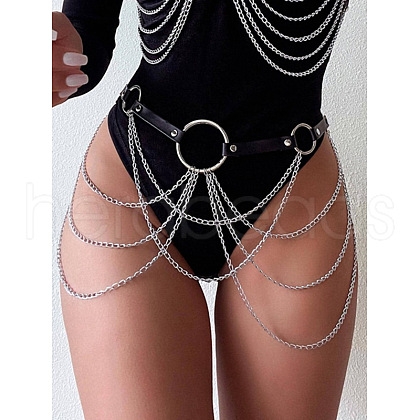 Black Imitation Leather Alloy Curb Chain Tassel Waist Chains FS-WG75D83-01-1