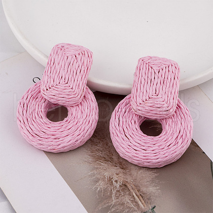 Rectangle with Flat Round Alloy Raffia Dangle Stud Earrings FS-WGEAAFD-02-1