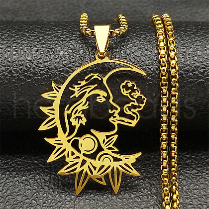 Gothic 304 Stainless Steel Hollow Moon Woman Pendant Necklaces NJEW-K283-04G-1