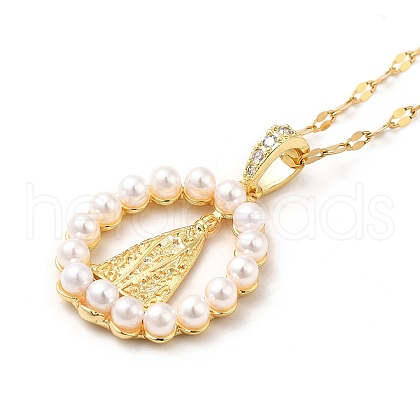 Resin Pearl Beaded Saint Pendant Necklace with Cubic Zirconia NJEW-F299-03G-1