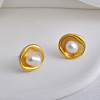 Mother's Day Jewellery Flat Round Brass & Freshwater Pearl Stud Earrings for Women EJEW-G391-04MG-1