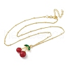 Brass Resin Fruit Cherry Pendant Satellite Chain Necklaces with Green Cubic Zirconia Leaf for Women NJEW-D306-03G-2