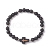 Cross Natural Lava Rock Beads & Wood Round Beads Stretch Bracelets for Men Women BJEW-JB11832-01-2