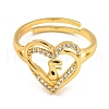Heart with Letter Rack Plating Brass Micro Pave Clear Cubic Zirconia Adjustable Rings for Women RJEW-I105-01G-F-2