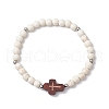 Cross Synthetic Turquoise & Wood Round Beads Stretch Bracelets for Men Women BJEW-JB11832-02-2
