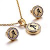 Flat Round with Letter Pattern 304 Stainless Steel Crystal Rhinestone Pendant Necklace & Stud Earring FS-WG33EDD-01-1